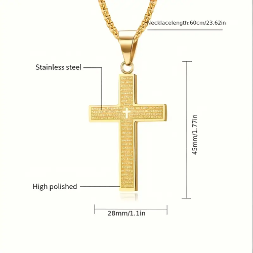 Golden Cross Bible Necklace Stainless Steel Verse Prayer Statement Pendant Necklace, Stainless Steel Box Chain, Men's Women's Jewelry Gift