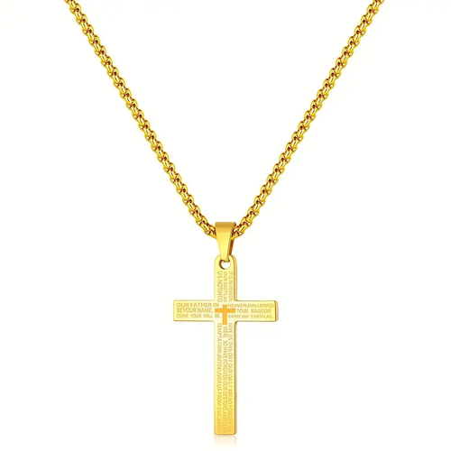Golden Cross Bible Necklace Stainless Steel Verse Prayer Statement Pendant Necklace, Stainless Steel Box Chain, Men's Women's Jewelry Gift