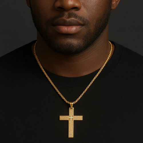 Golden Cross Bible Necklace Stainless Steel Verse Prayer Statement Pendant Necklace, Stainless Steel Box Chain, Men's Women's Jewelry Gift
