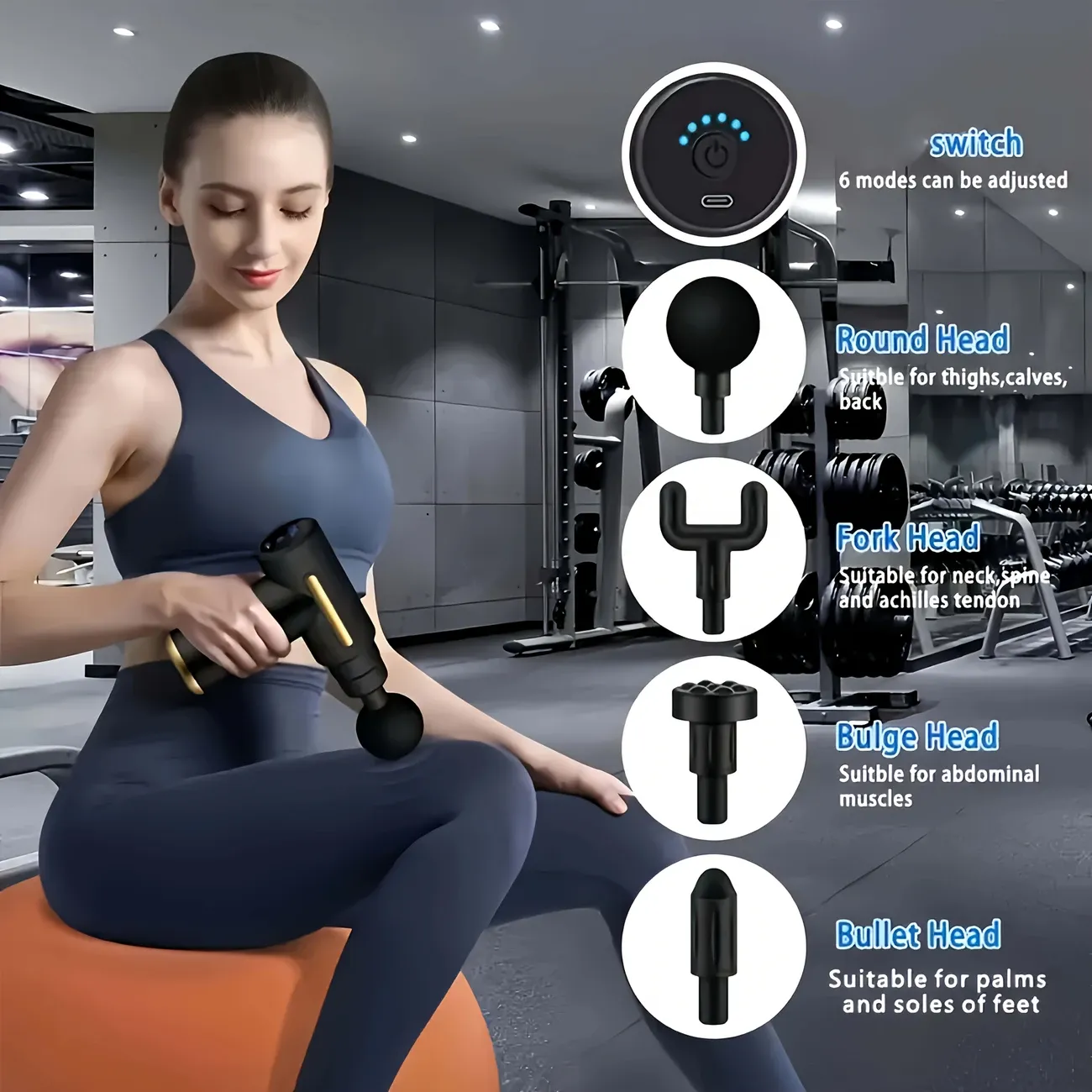 Super comfortable! Portable Massage Gun 4-head Set - Elegant design, USB charging, ideal for relieving body, back and waist tension