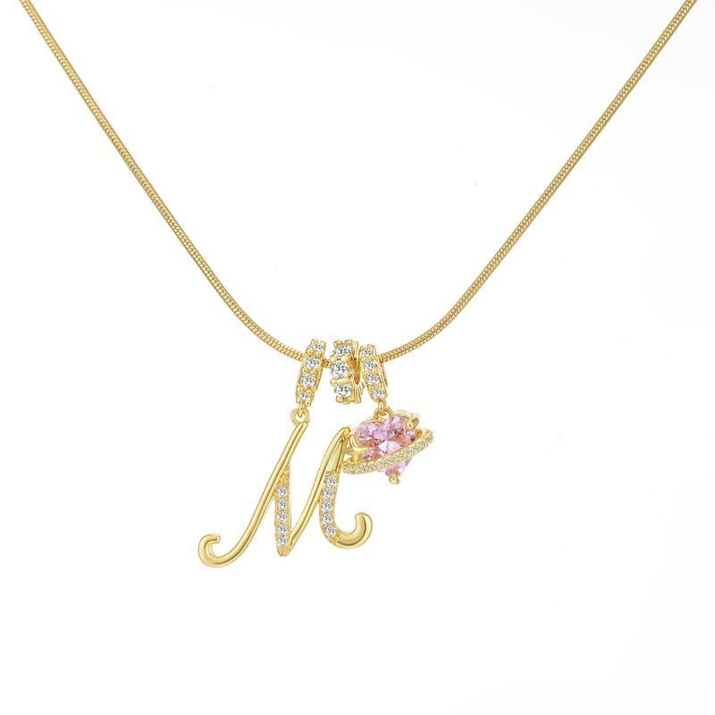 Hot Selling Intial Jewelry Dopamine English Letter Necklace Girl Light Luxury Cursive Initial Charm Heart Pink Zircon Necklace