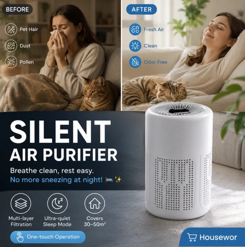 Silent Air Purifier – Multi‑layer filtration, ultra‑quiet sleep mode. Covers 30‑50m², one‑touch operation.