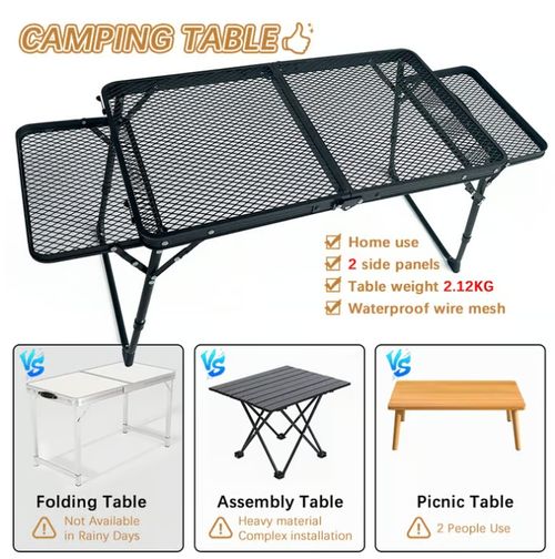 Retractable folding metal grill table with side wings
