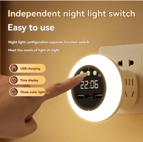 USB+Lamp+Clock+Remote ControlLED Multifunctional Socket Night Lamp for Eye Protection in Bedroom