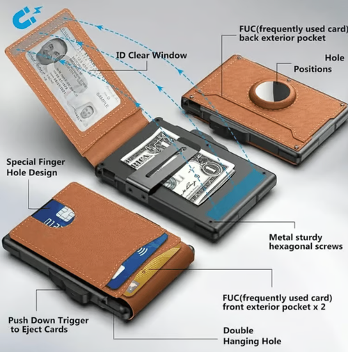 With Pop Up Aluminum Case Money Clip Slim Leather Slots Credit Card Holder RFID Blocking Bifold Minimalist Wallet