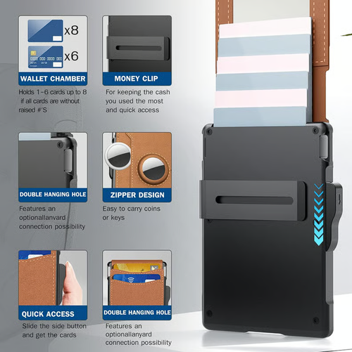 With Pop Up Aluminum Case Money Clip Slim Leather Slots Credit Card Holder RFID Blocking Bifold Minimalist Wallet