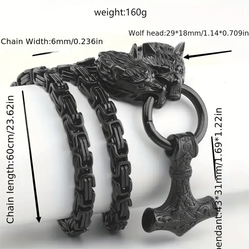 Punk rock titanium hammer pendant necklace, Viking style wolf head totem accessories, let the wolf head bring you different courage