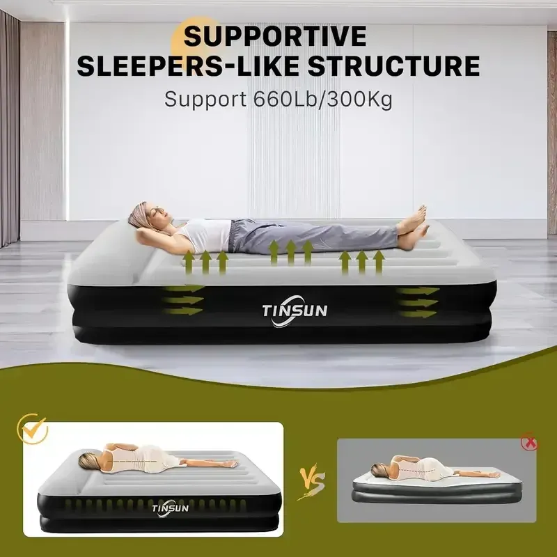 Queen Air Mattress with Built in Pump,Air Bed for Camping,Home&Guests,Fast&Easy Inflation Deflation Airbed,Double Blow up Bed,Travel Cushion (Black)