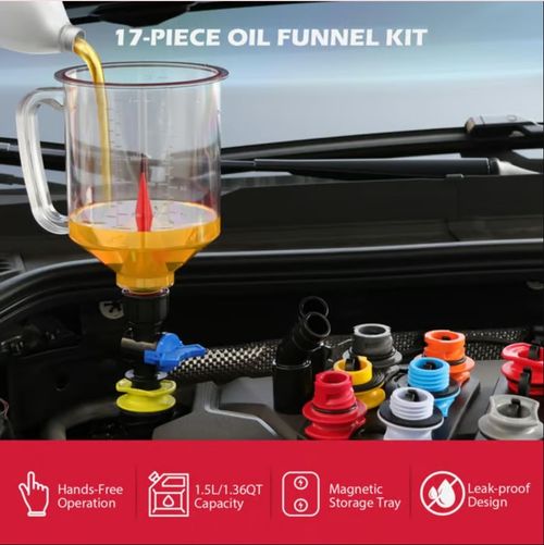 17-Piece Engine Oil Funnel Set, 1.36 qt Automotive Oil Funnel Kit with 12 Adapters