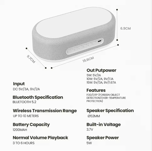 Customized portable smart music speaker with 6-in-1 multi-functional RGB lighting, includes phone alarm clock and wireless charger.