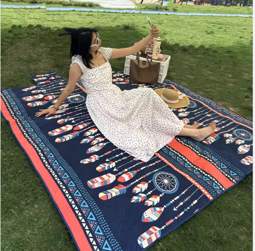💗Geometric pattern printed ultrasonic quilted polyester sponge blanket, portable beach mat, camping picnic blanket, outdoor