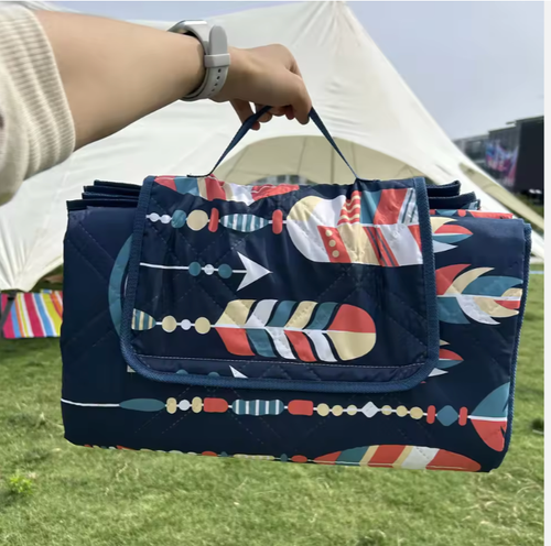 💗Geometric pattern printed ultrasonic quilted polyester sponge blanket, portable beach mat, camping picnic blanket, outdoor