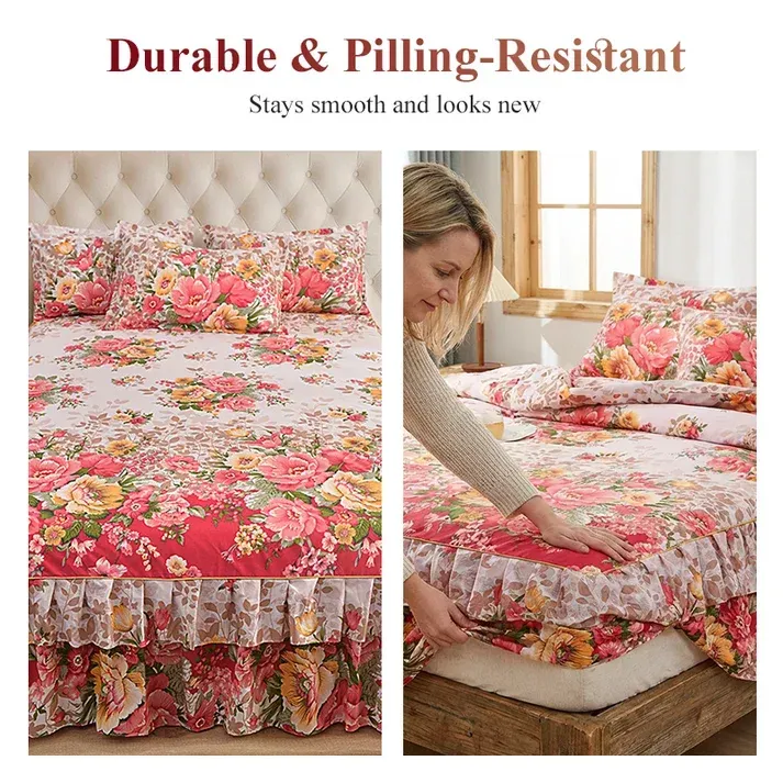 3-Piece Floral Ruffled Bed Skirt Set – Elegant Ruffle Design, Fade-Resistant Reactive Dyeing & Pilling-Resistant Cotton Blend – Conceals Storage with Designer Charm