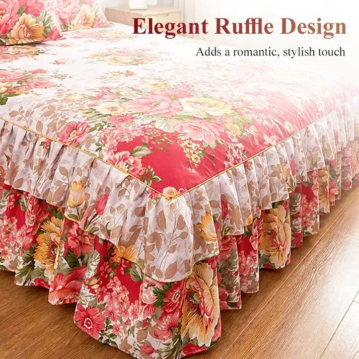 3-Piece Floral Ruffled Bed Skirt Set – Elegant Ruffle Design, Fade-Resistant Reactive Dyeing & Pilling-Resistant Cotton Blend – Conceals Storage with Designer Charm