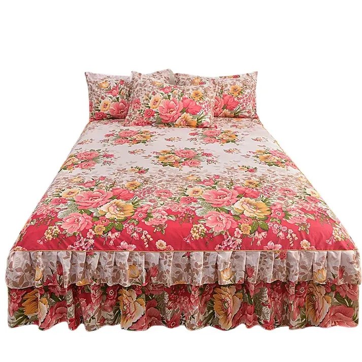 3-Piece Floral Ruffled Bed Skirt Set – Elegant Ruffle Design, Fade-Resistant Reactive Dyeing & Pilling-Resistant Cotton Blend – Conceals Storage with Designer Charm