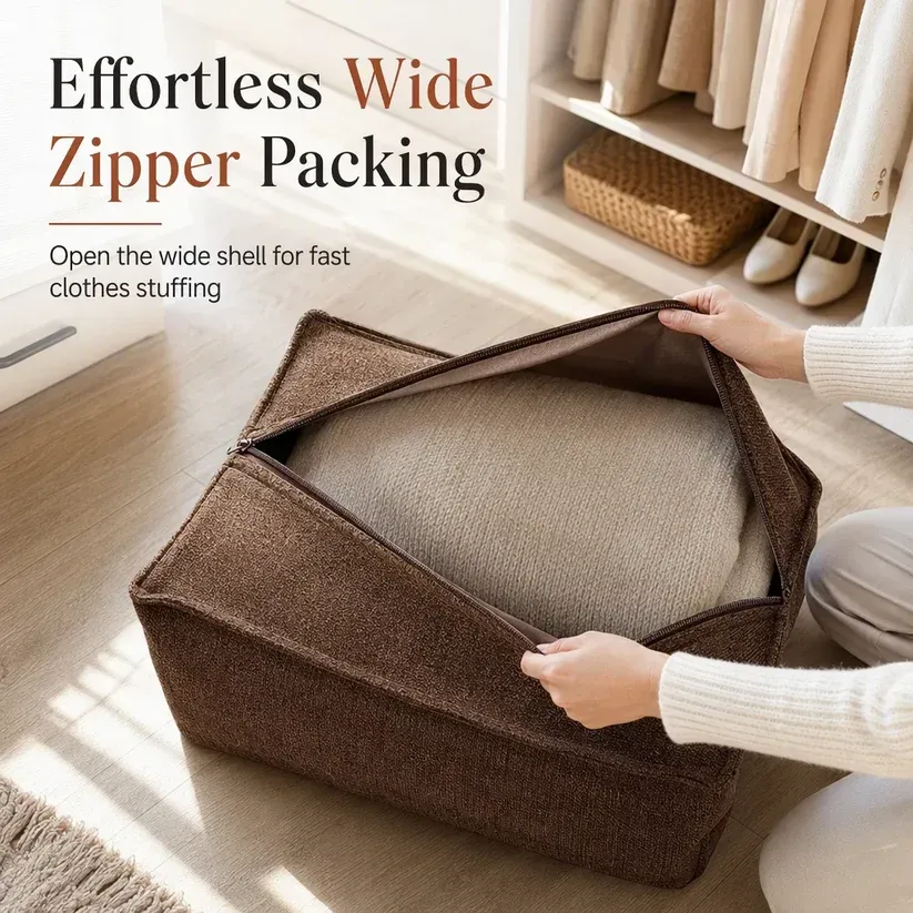 Storage Stool Cover: Fill with Clothes, 100kg Support, Wide Zipper, Washable, 50x50x20cm