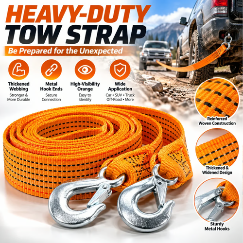 🚗 Heavy-Duty Tow Strap with Metal Hooks – Thickened High-Strength Vehicle Towing Rope