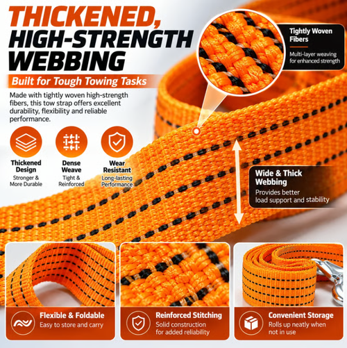 🚗 Heavy-Duty Tow Strap with Metal Hooks – Thickened High-Strength Vehicle Towing Rope
