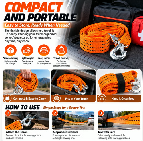 🚗 Heavy-Duty Tow Strap with Metal Hooks – Thickened High-Strength Vehicle Towing Rope