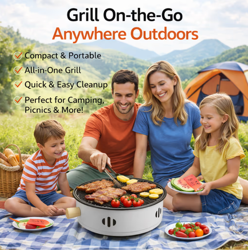 Compact, portable, multifunctional ea-brewing-by-the-fire stove—suitable for heating and grilling, compatible with both electric and charcoal power sources.