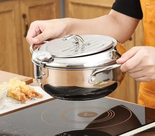 🍤 304 Stainless Steel Tempura Pot – Compact fryer with temperature control and filter screen