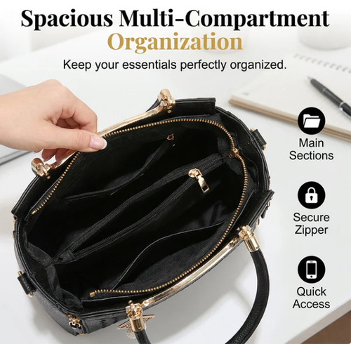 Women's V-Stitched Satchel – Gold Hardware, Multi-Compartment, Top-Handle