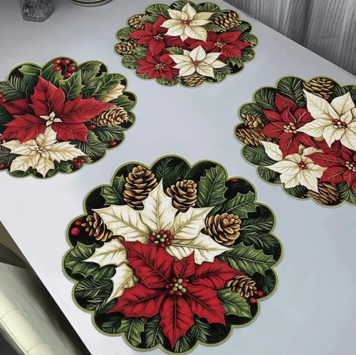 8PCS Poinsettia & Pine Cones Pattern Round Waves Placemats, Non-Slip Fabric Table Mats