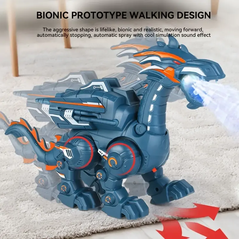 Interactive Walking Dinosaur Toy with Flamethrower, Lights and Sounds - Blue and Black
