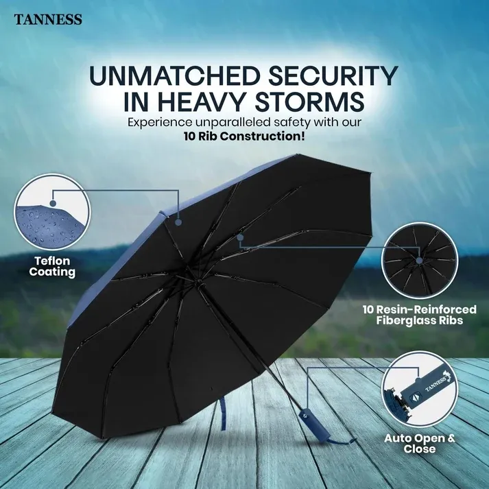 Windproof Compact Umbrella – 10 reinforced ribs flex in strong gusts without flipping. Water-repellent canopy sheds rain instantly – stay dry from your front door to the high street!