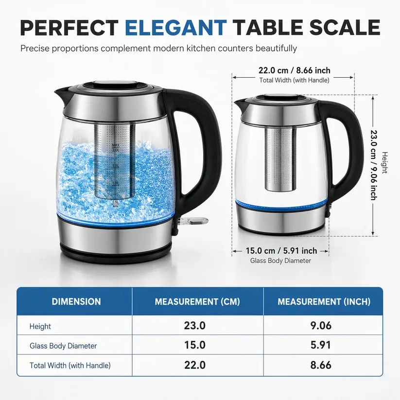 2L Large Capacity Glass Electric Kettle with Automatic Shut Off and Overheat Protection