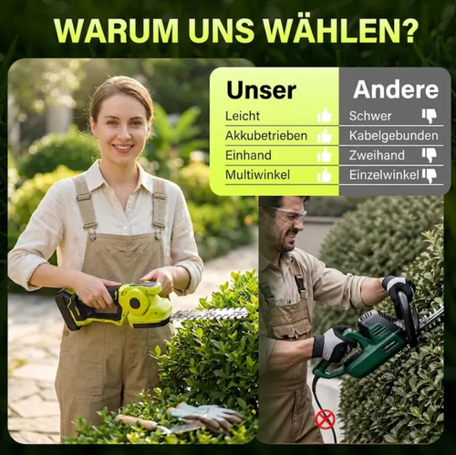Battery-powered hedge and grass shears — 2-in-1, 45-degree swivel head
