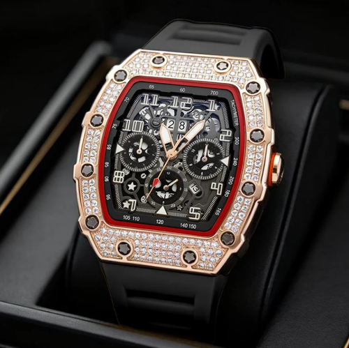 Luxury Men's Tonneau-Shaped Watch with Rhinestone Embellishment