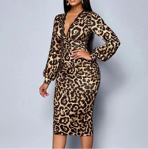 Lace Leopard V-Neck Lantern Sleeve Mid-Length Dress