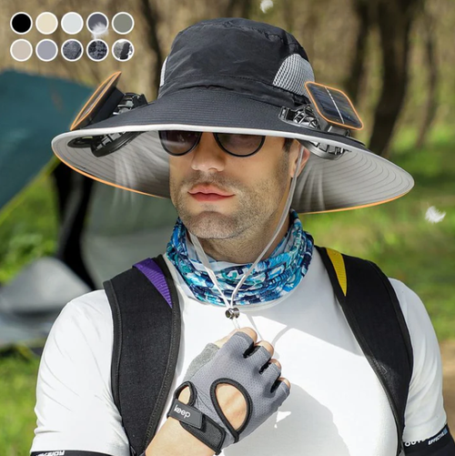 Mens Sunscreen Fisherman Hat with 2 Detachable Solar Fans