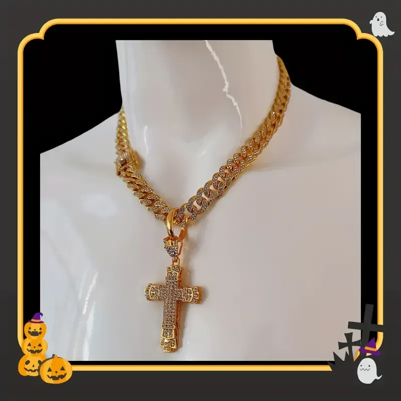 Luxury Cuban chain necklace with thick cross pendant in silver and gold plated colors, making you the brightest