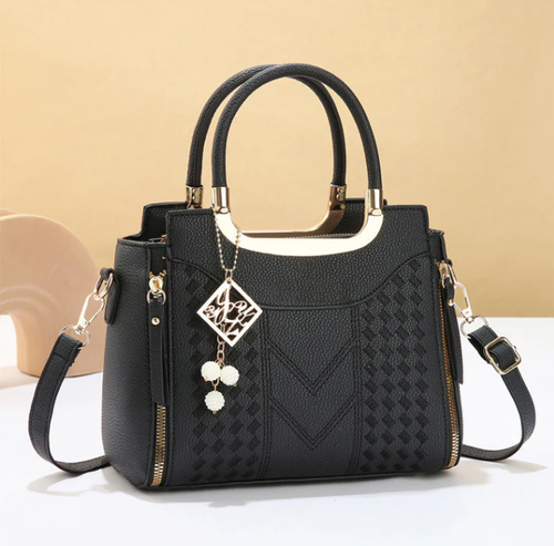 Women's V-Stitched Satchel – Gold Hardware, Multi-Compartment, Top-Handle