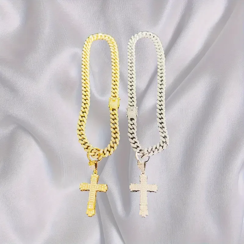 Luxury Cuban chain necklace with thick cross pendant in silver and gold plated colors, making you the brightest