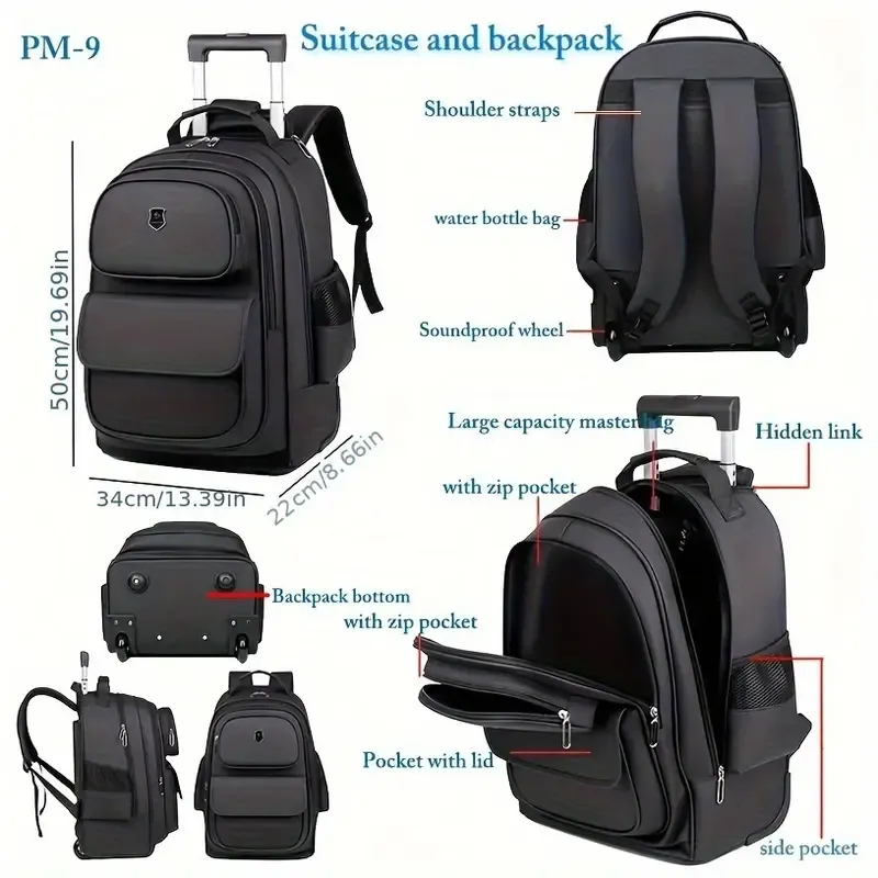 Multi-Functional Rolling Backpack, High-Quality Oxford Material, Large Capacity, Multiple Storage Compartments, Quiet Wheels, Hidden Telescopic Handle, Unisex Casual Fashion, Men's Shoulder Bag for Travel and Leisure