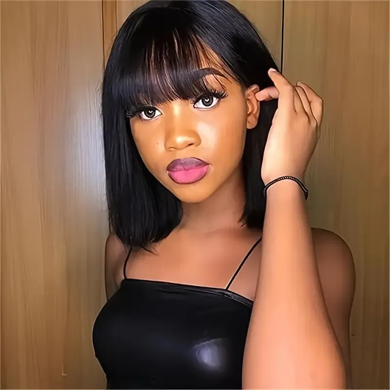 Straight Natural Scalp HD Lace Bob with Bangs 180% Density Glueless HD 2x1 Lace Bob with Bangs Glueless Wig