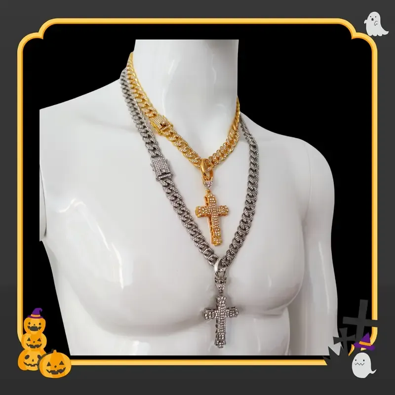 Luxury Cuban chain necklace with thick cross pendant in silver and gold plated colors, making you the brightest