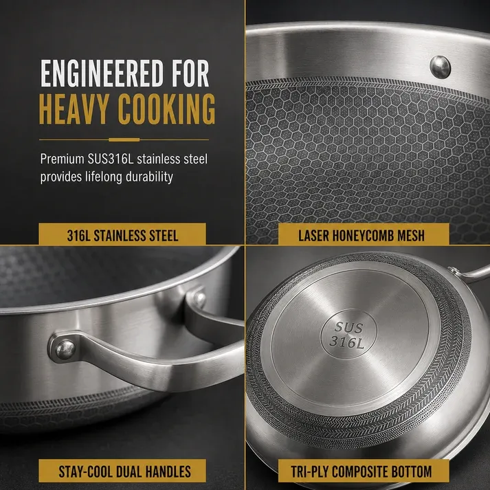 Thickened Stainless Steel Nonstick Stir Fry Pan with Lid Flat