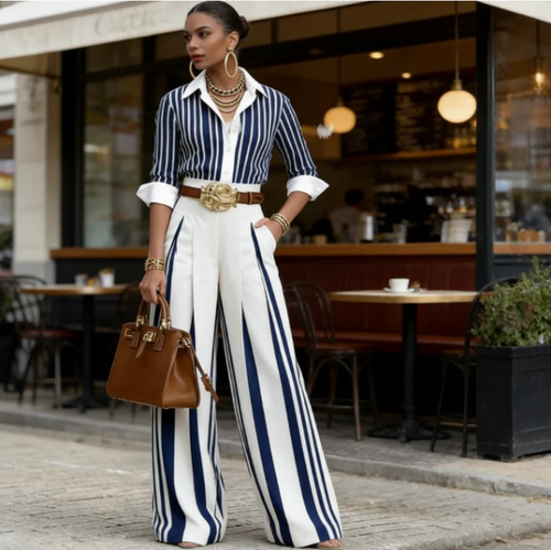 Women's 2-Piece Set – Striped Shirt & Wide-Leg Pants, Casual Look