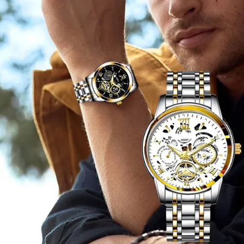 Men's Waterproof Roman Skeleton Automatic Mechanical Watch   Golden