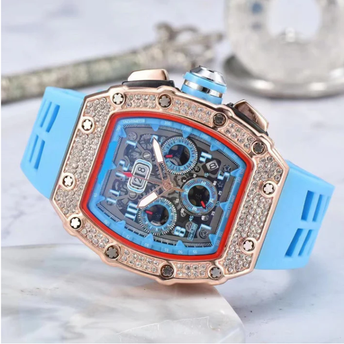 Luxury Men's Tonneau-Shaped Watch with Rhinestone Embellishment