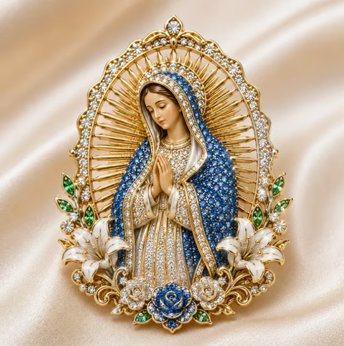 ✝️ 3D Jesus & Mary Sacred Devotion Pin | Gold-Tone Crystal Christian Brooch ❤️
