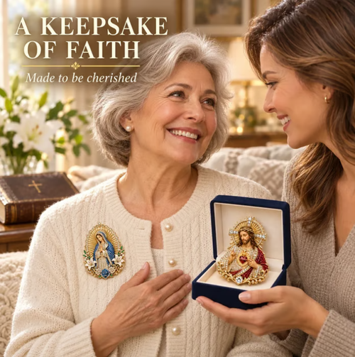 ✝️ 3D Jesus & Mary Sacred Devotion Pin | Gold-Tone Crystal Christian Brooch ❤️