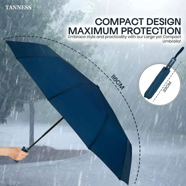 Windproof Compact Umbrella – 10 reinforced ribs flex in strong gusts without flipping. Water-repellent canopy sheds rain instantly – stay dry from your front door to the high street!