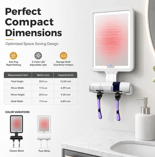 LED Shower Mirror with Heated Anti-Fog for Shaving