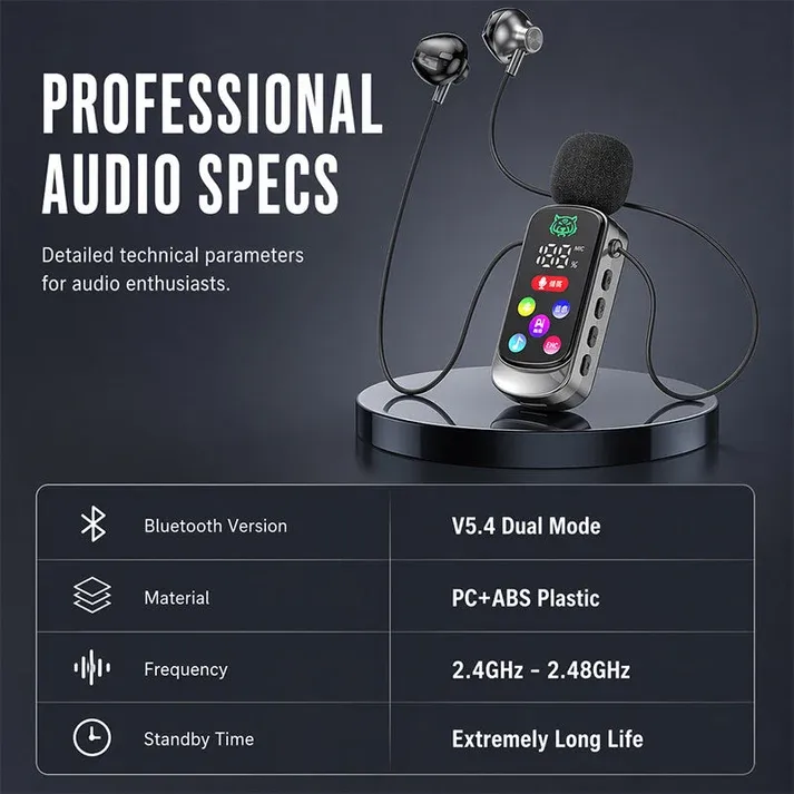 Bluetooth Karaoke Headset with Secure Collar Spring Clip