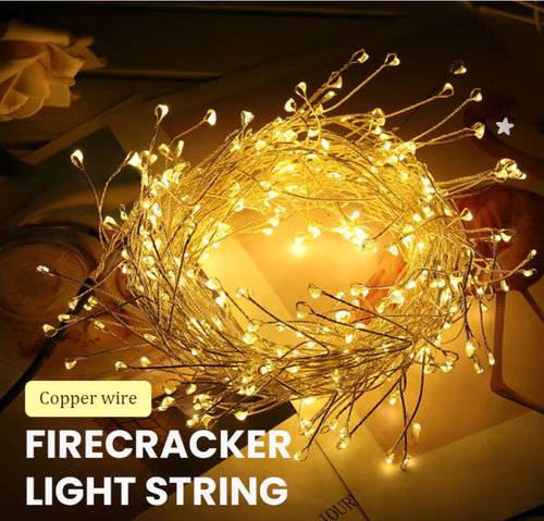 LED Copper Wire Firecracker Light String6m 200W LED - Waterproof Battery Box, 8-Function Remote Control